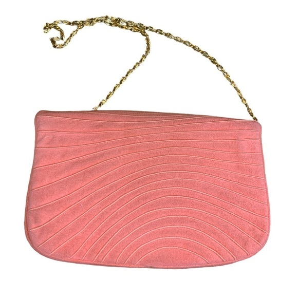 Vintage Coral Suede Clutch / Shoulder Bag with Gold Chain - Picture 3 of 11